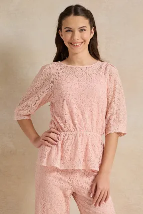 Senior Girls Pink Mesh Peplum Top