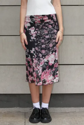 Silk Floral Black Midi Skirt