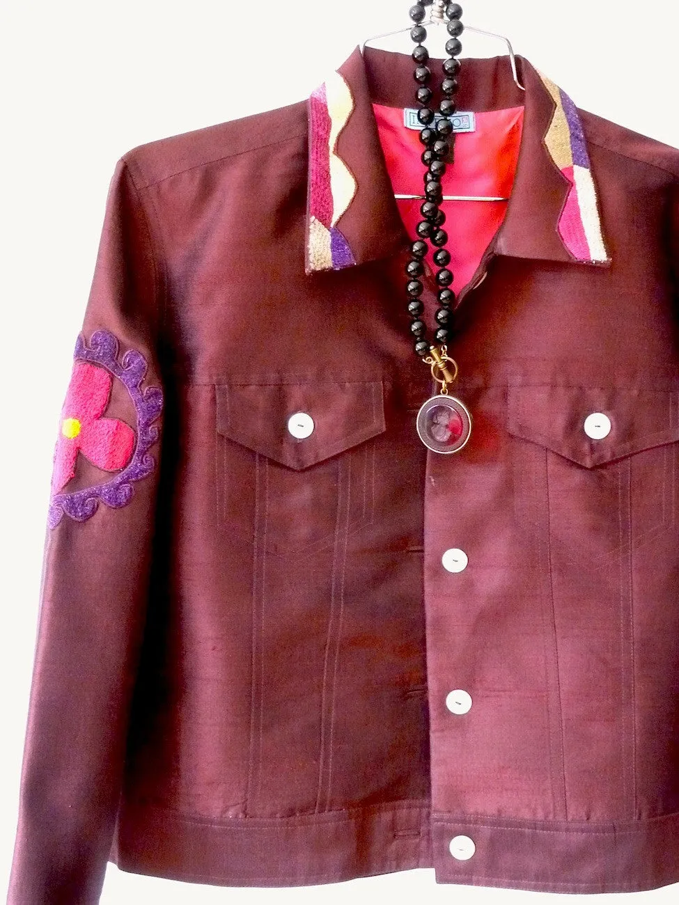 Silk Jean Jacket Vintage Suzani Eggplant Fuchsia