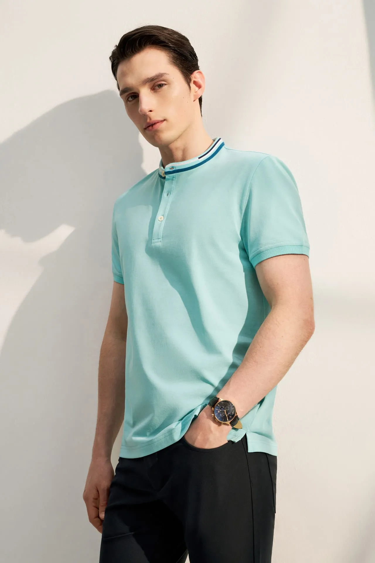 Stand Collar Mercerized Cotton Pique Polo