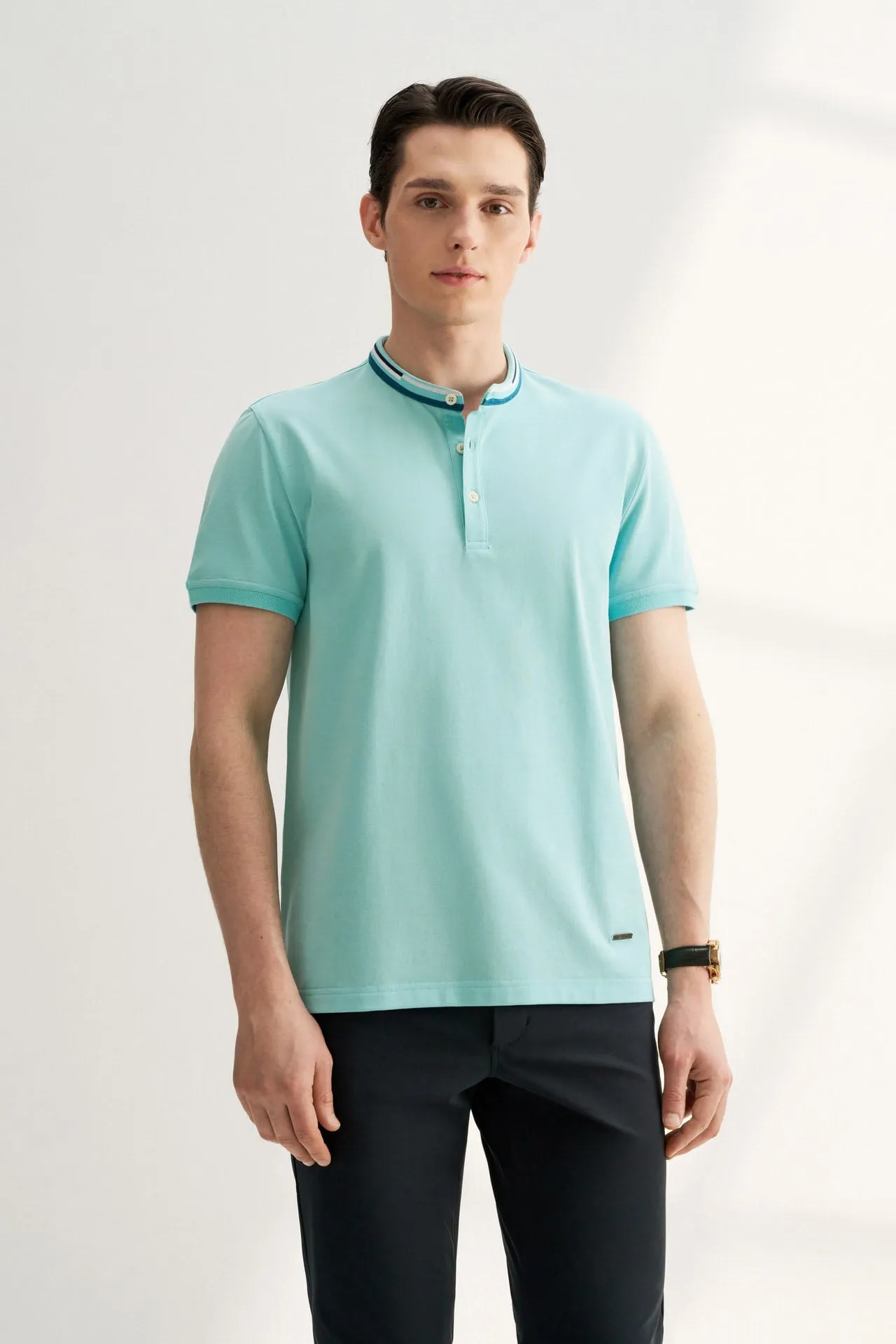 Stand Collar Mercerized Cotton Pique Polo