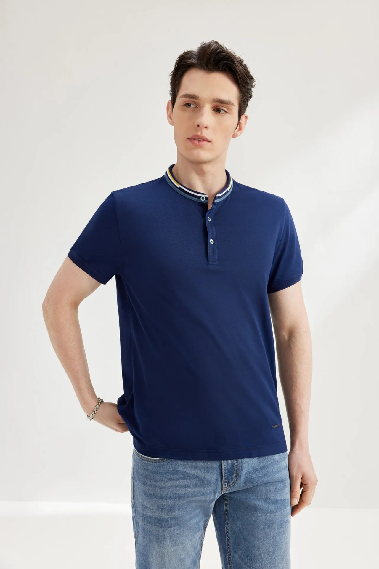 Stand Collar Mercerized Cotton Pique Polo