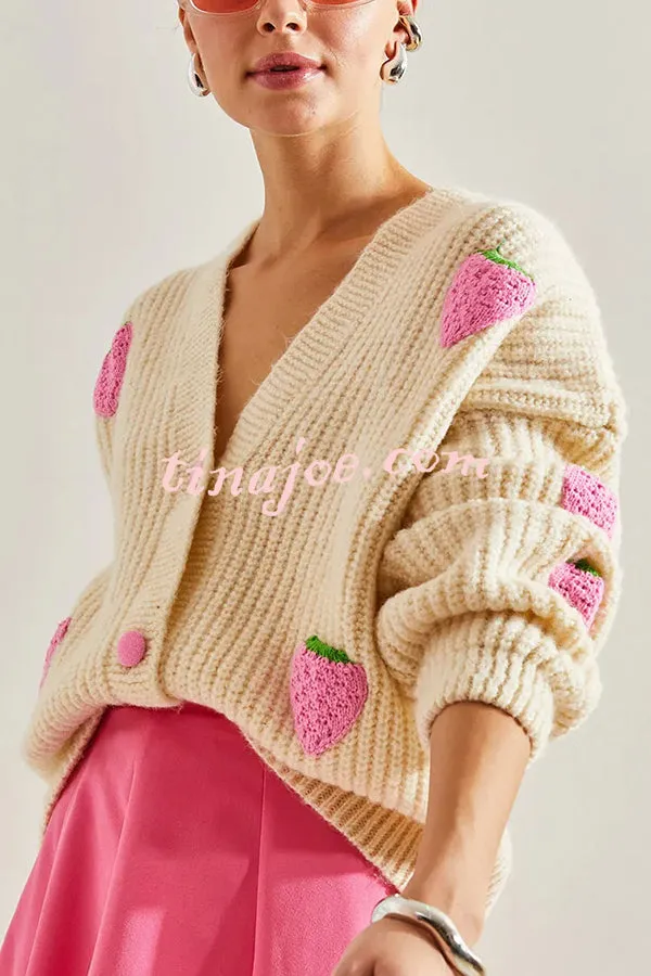 Stylish and Sweet V-neck Strawberry Embellished Knitted Cardigan