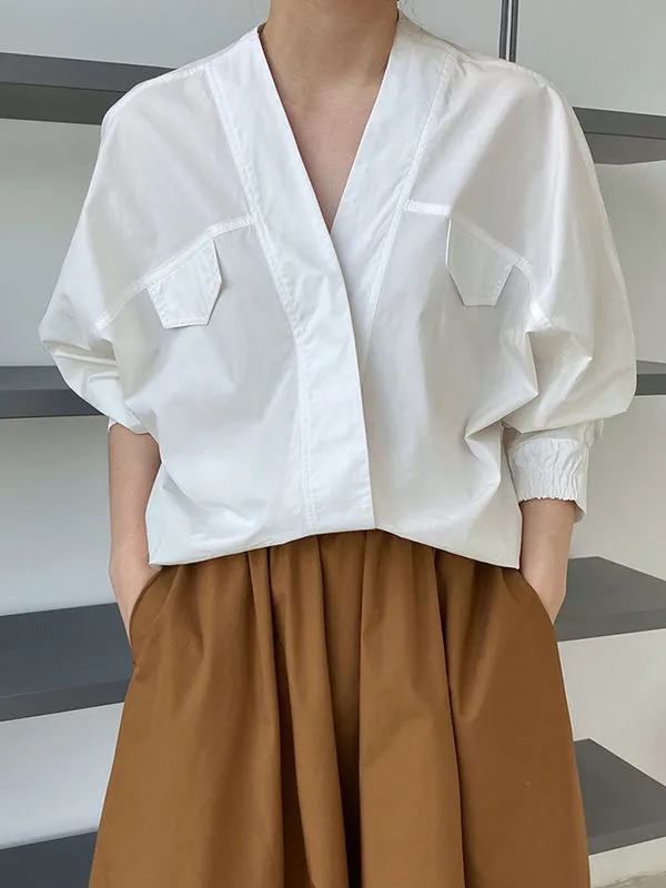 Trendy Batwing Sleeves Solid Color V-Neck Blouses