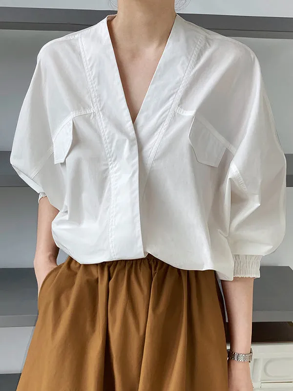 Trendy Batwing Sleeves Solid Color V-Neck Blouses