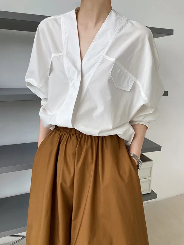 Trendy Batwing Sleeves Solid Color V-Neck Blouses