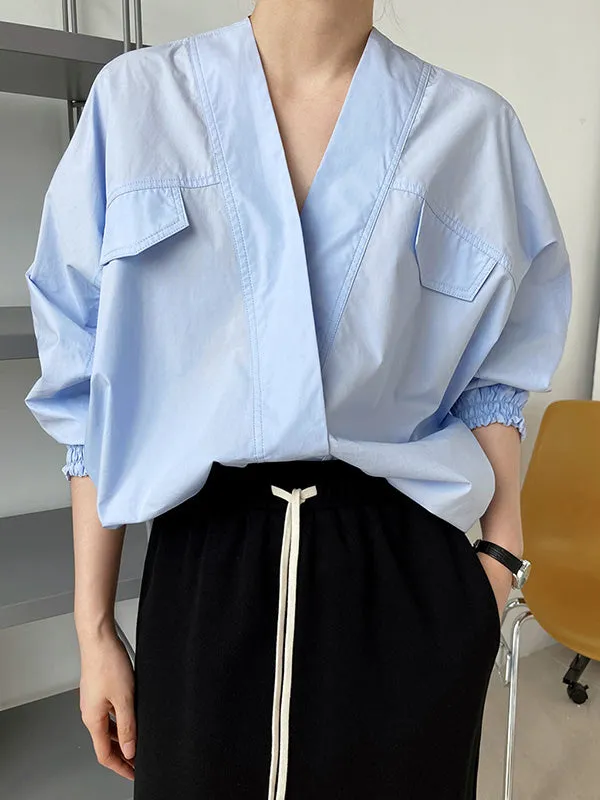 Trendy Batwing Sleeves Solid Color V-Neck Blouses