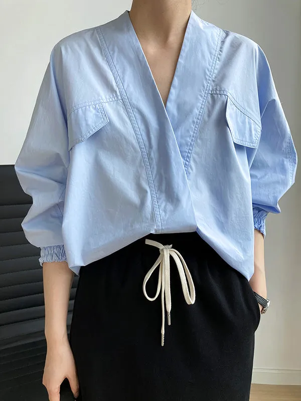 Trendy Batwing Sleeves Solid Color V-Neck Blouses