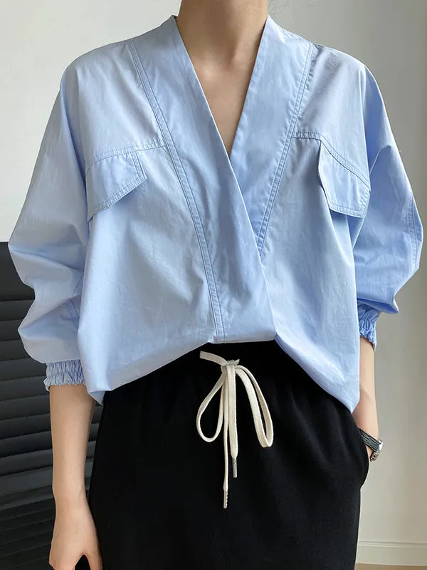 Trendy Batwing Sleeves Solid Color V-Neck Blouses