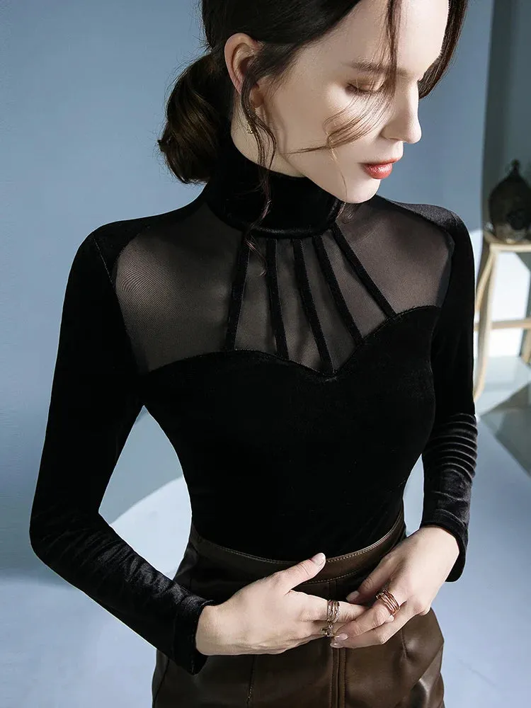 Trendy Black High Collar Velvet  Mesh  Blouse