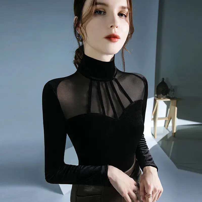 Trendy Black High Collar Velvet  Mesh  Blouse