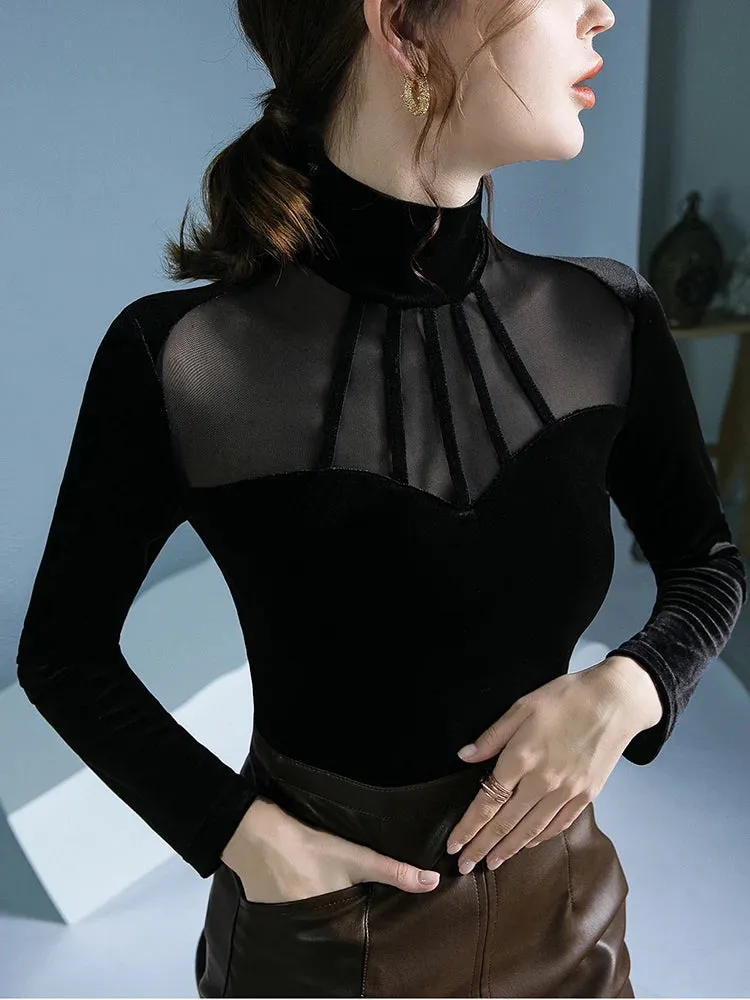 Trendy Black High Collar Velvet  Mesh  Blouse