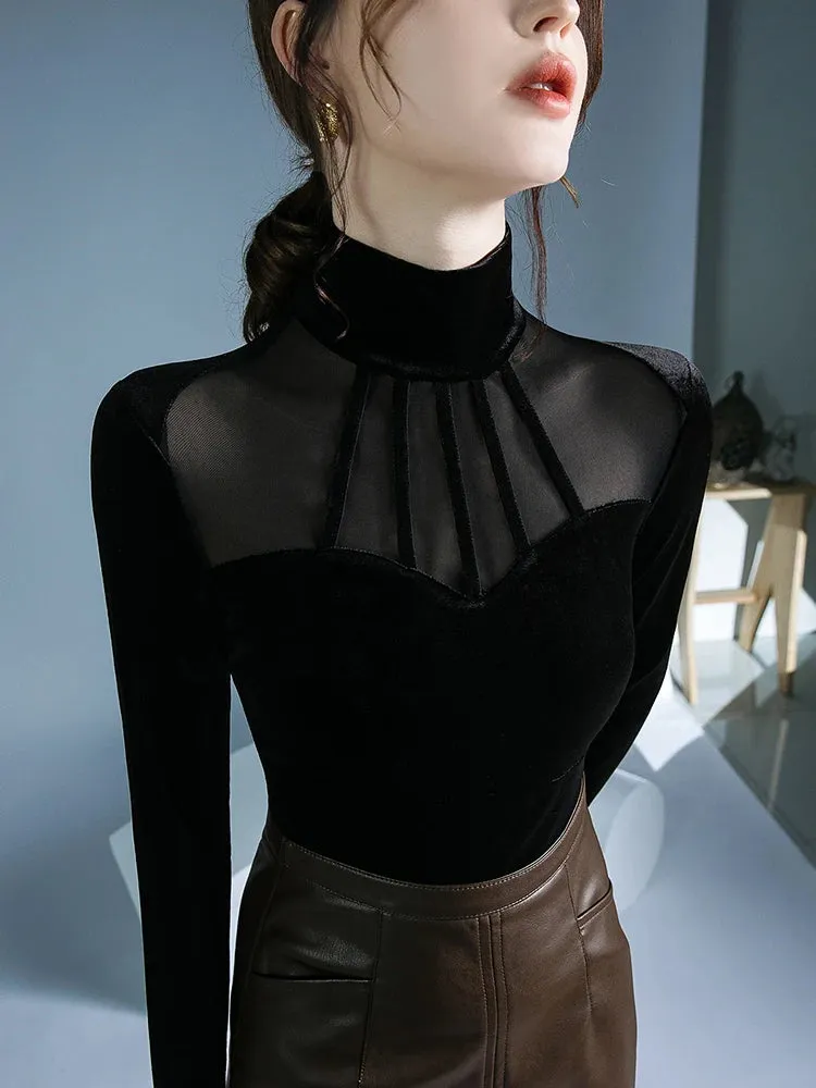 Trendy Black High Collar Velvet  Mesh  Blouse