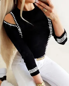 Trendy Hollow Out Rhinestone Blouse