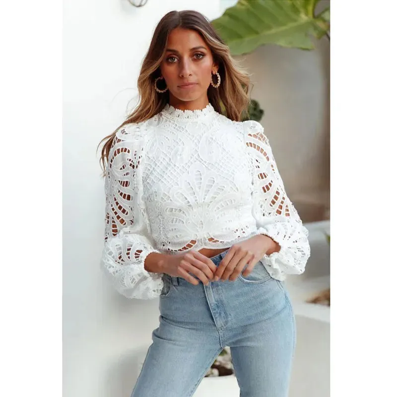 Trendy Long Sleeve Lace Hollow Out Cropped Blouse