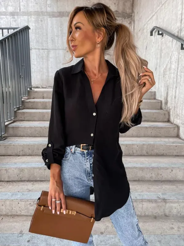 Trendy Long Sleeves Solid Color Lapel Collar Blouses