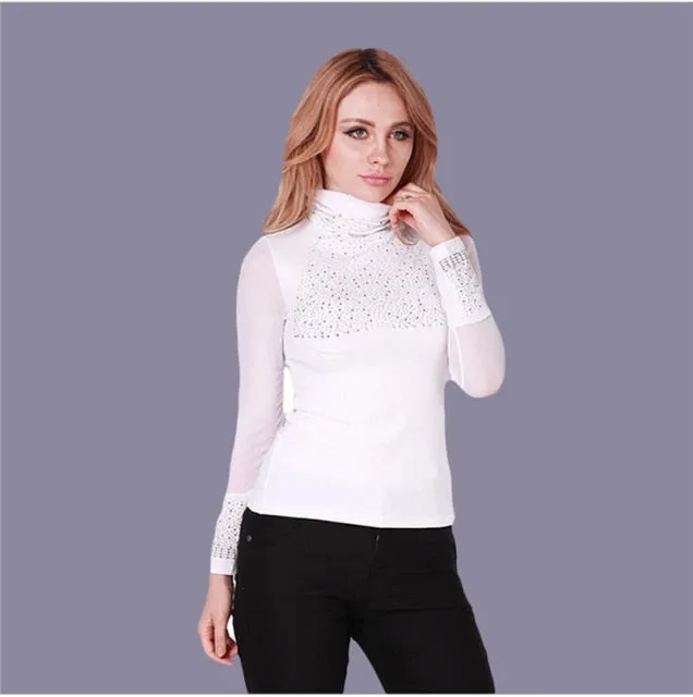 Trendy Mesh Lace Long Sleeve Turtleneck Blouse