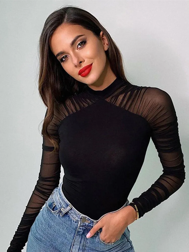 Trendy Mesh Long Sleeve Fitted Blouse