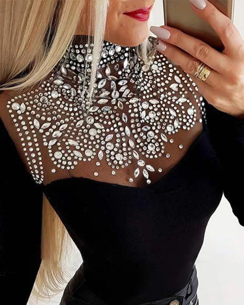 Trendy Rhinestone Mesh Long Sleeve Black Blouse