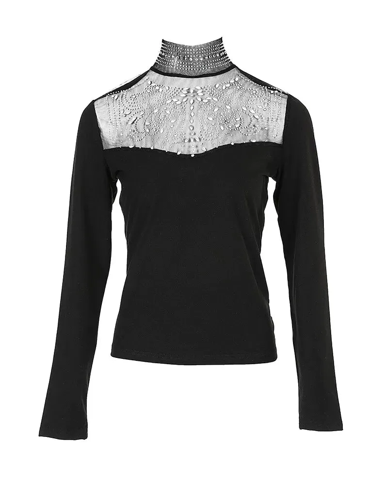 Trendy Rhinestone Mesh Long Sleeve Black Blouse