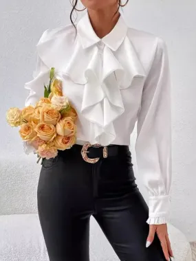 Trendy Ruffle Blouse with Button-Up Closure