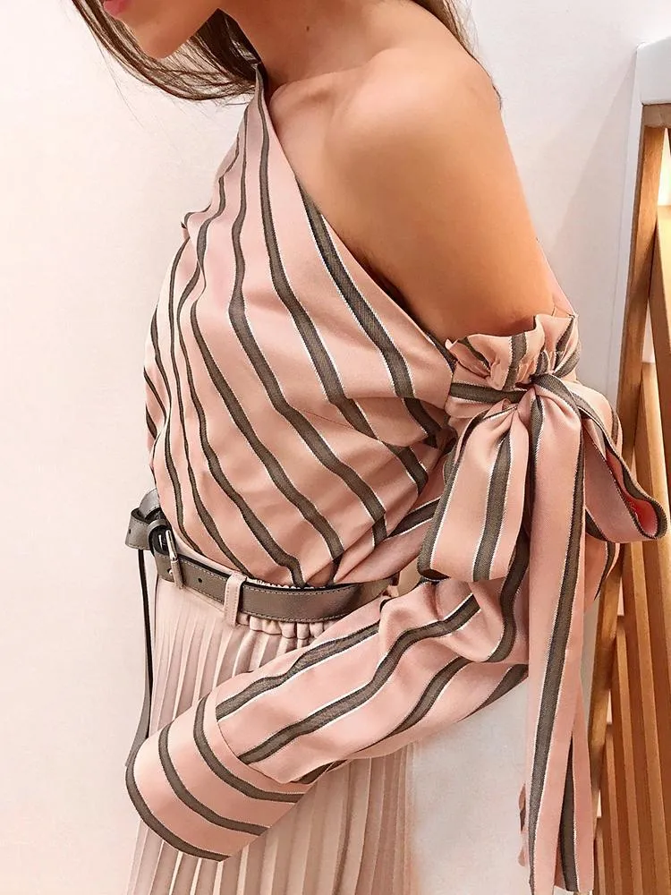 Trendy Slanted Shoulder Tie-Back Shirt Wholesale Womens Tops