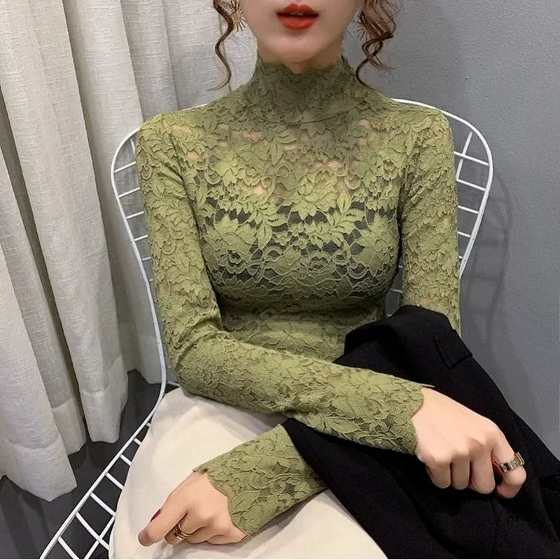 Trendy Turtleneck Lace Floral Blouse