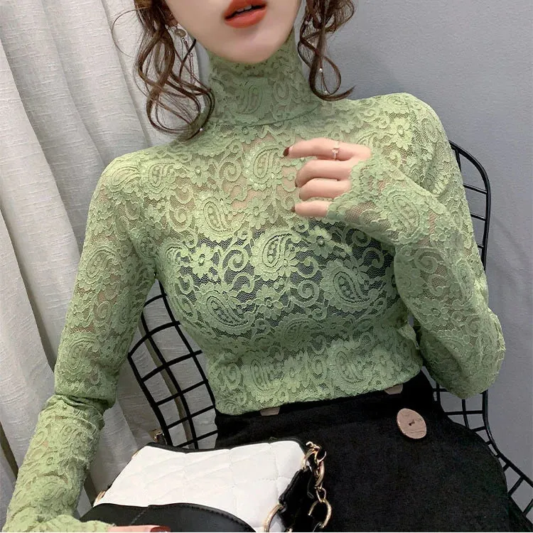 Trendy Turtleneck Lace Floral Blouse