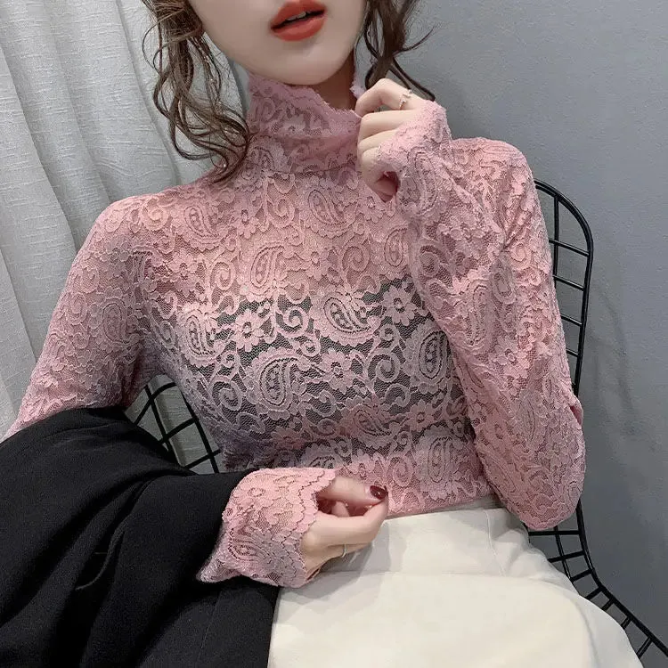 Trendy Turtleneck Lace Floral Blouse