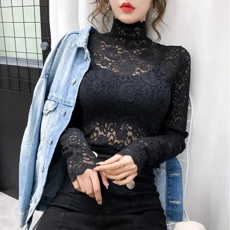 Trendy Turtleneck Lace Floral Blouse