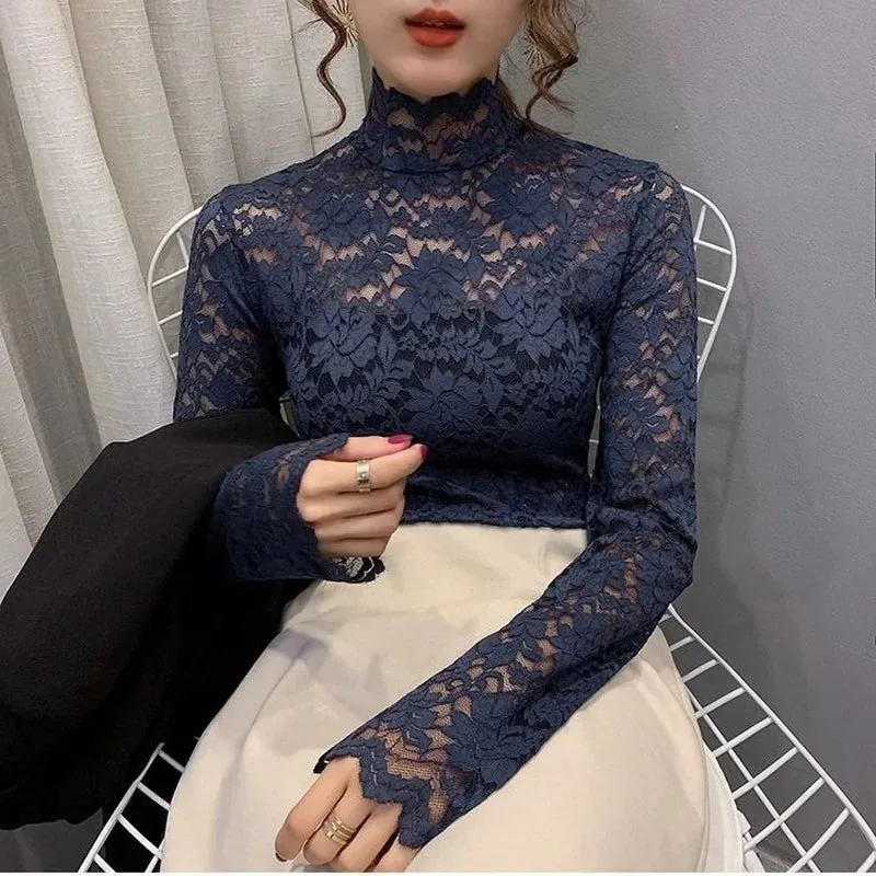 Trendy Turtleneck Lace Floral Blouse