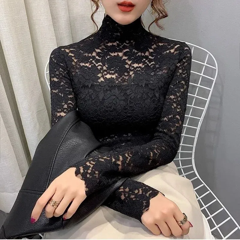 Trendy Turtleneck Lace Floral Blouse