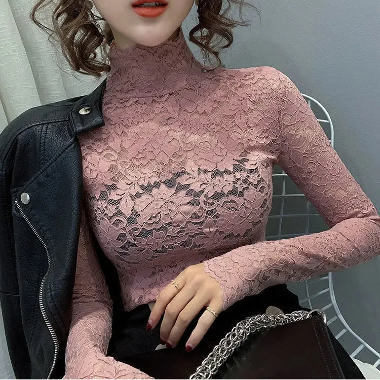 Trendy Turtleneck Lace Floral Blouse