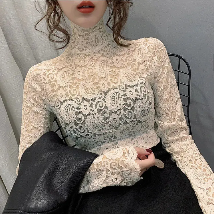 Trendy Turtleneck Lace Floral Blouse