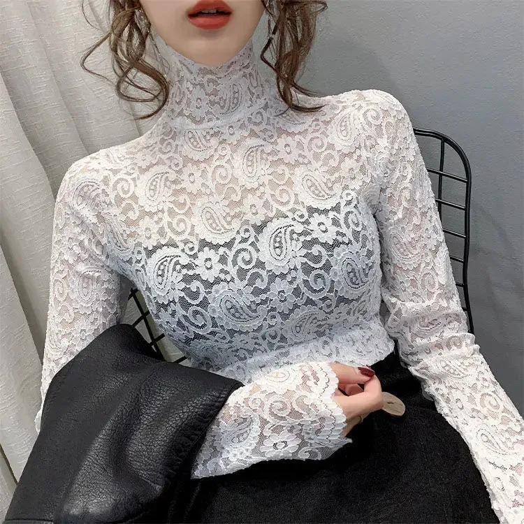 Trendy Turtleneck Lace Floral Blouse