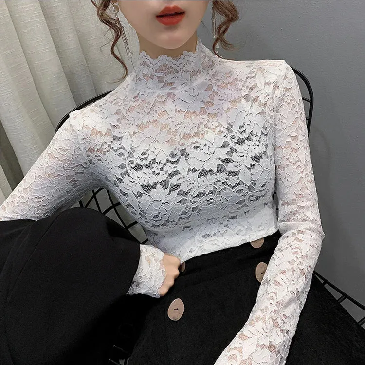 Trendy Turtleneck Lace Floral Blouse