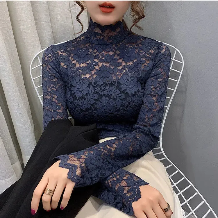 Trendy Turtleneck Lace Floral Blouse