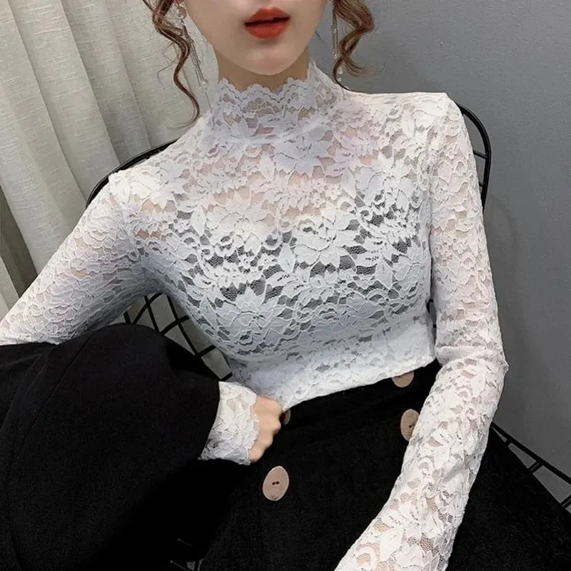 Trendy Turtleneck Lace Floral Blouse