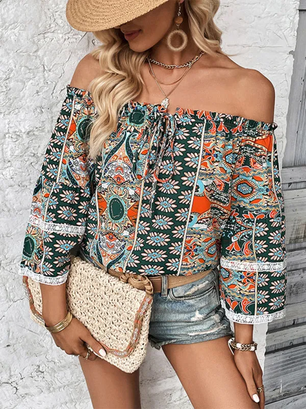 Trendy Women's Tie Front Blouse: Off-Shoulder Top with Flared Sleeves