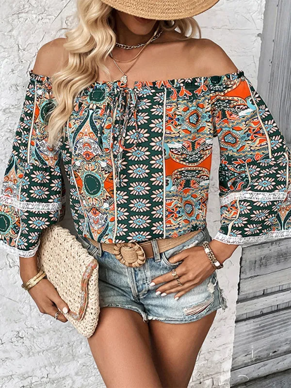 Trendy Women's Tie Front Blouse: Off-Shoulder Top with Flared Sleeves