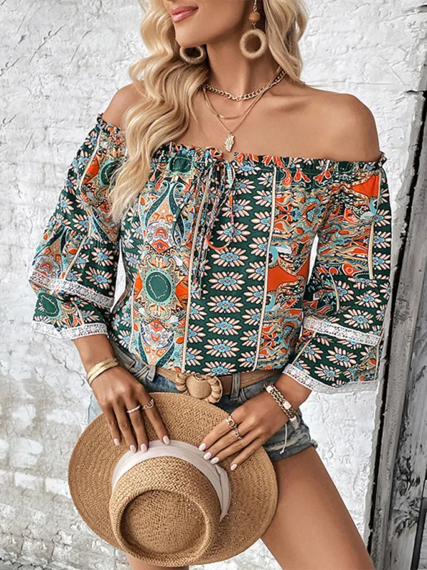 Trendy Women's Tie Front Blouse: Off-Shoulder Top with Flared Sleeves