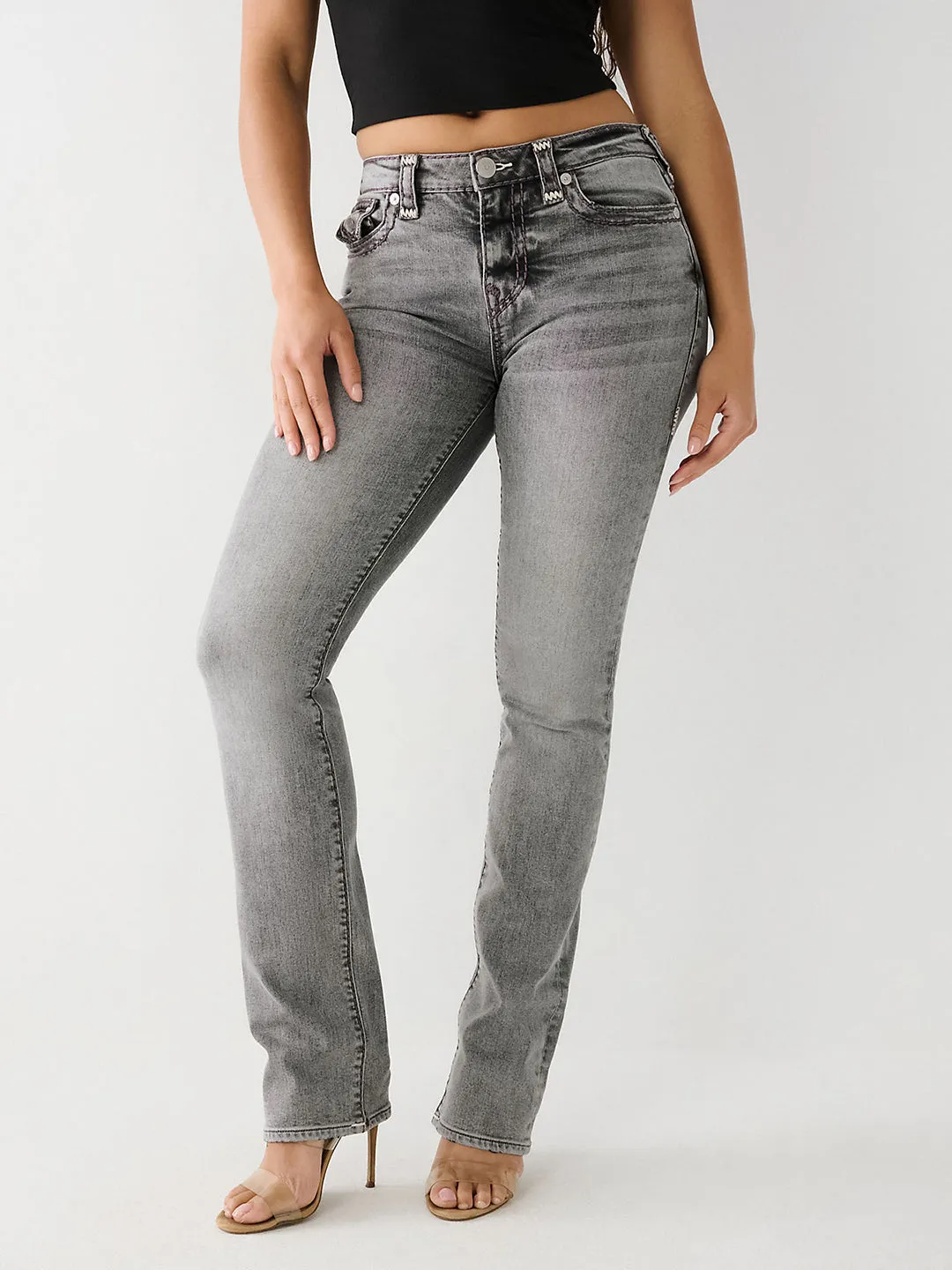 True Religion Womens Super T Billie Straight Fit Grey Mid Rise Jeans