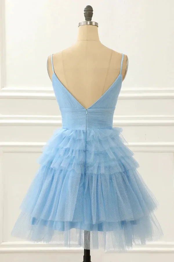 Tulle Light Blue A-line V-neck Short Homecoming Dresses With Ruffles, SH628