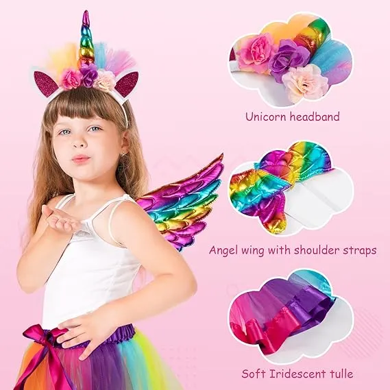 Tutu/Ballet Skirt - 3 pcs - skirt, wings & headband - Rainbow Unicorn S/M (2-5Y)