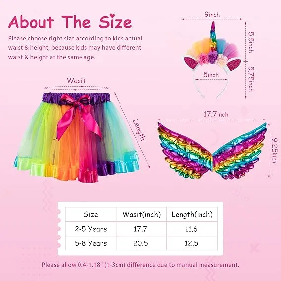 Tutu/Ballet Skirt - 3 pcs - skirt, wings & headband - Rainbow Unicorn S/M (2-5Y)