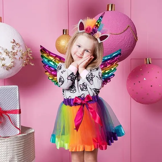 Tutu/Ballet Skirt - 3 pcs - skirt, wings & headband - Rainbow Unicorn S/M (2-5Y)