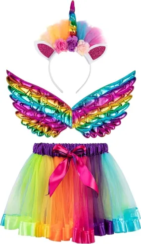 Tutu/Ballet Skirt - 3 pcs - skirt, wings & headband - Rainbow Unicorn S/M (2-5Y)