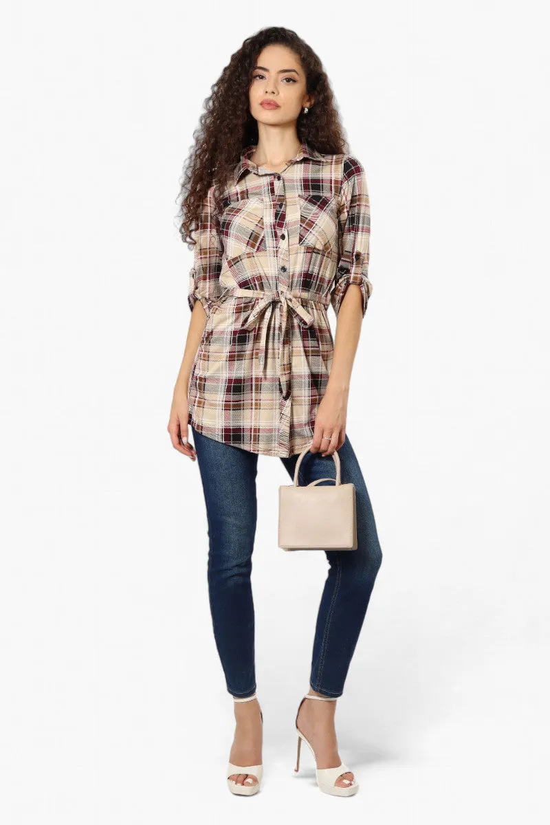 Urbanology Belted Plaid Button Down Shirt - Beige