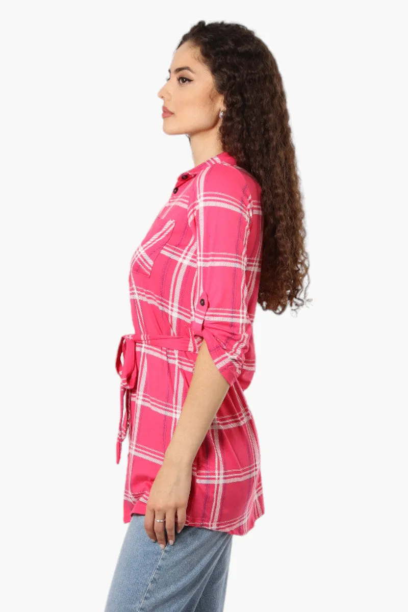 Urbanology Belted Striped Button Down Shirt - Pink