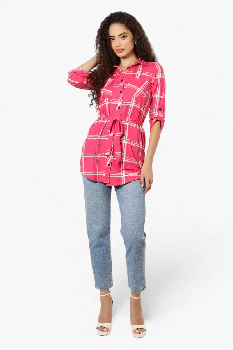 Urbanology Belted Striped Button Down Shirt - Pink